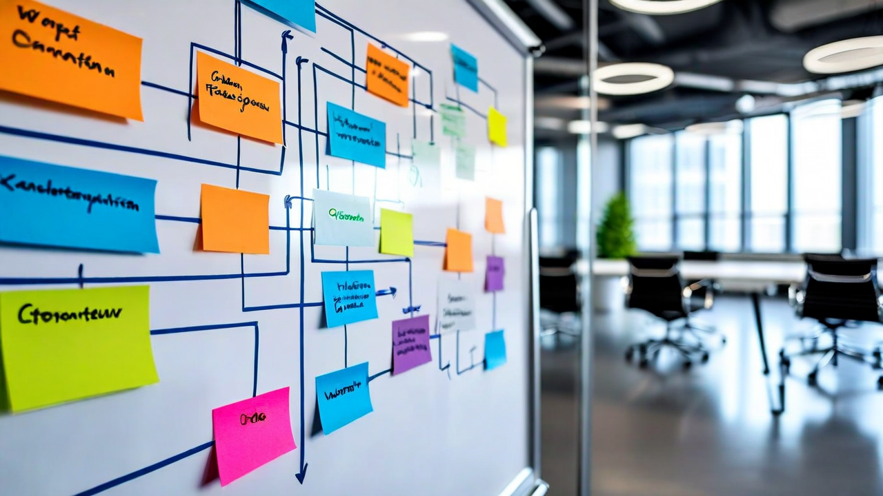 Operations team collaborating around a workflow diagram