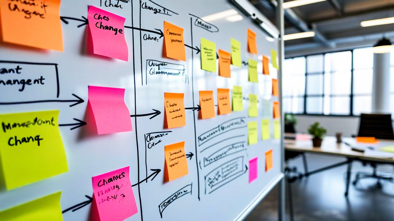 Team change management meeting, people around a whiteboard